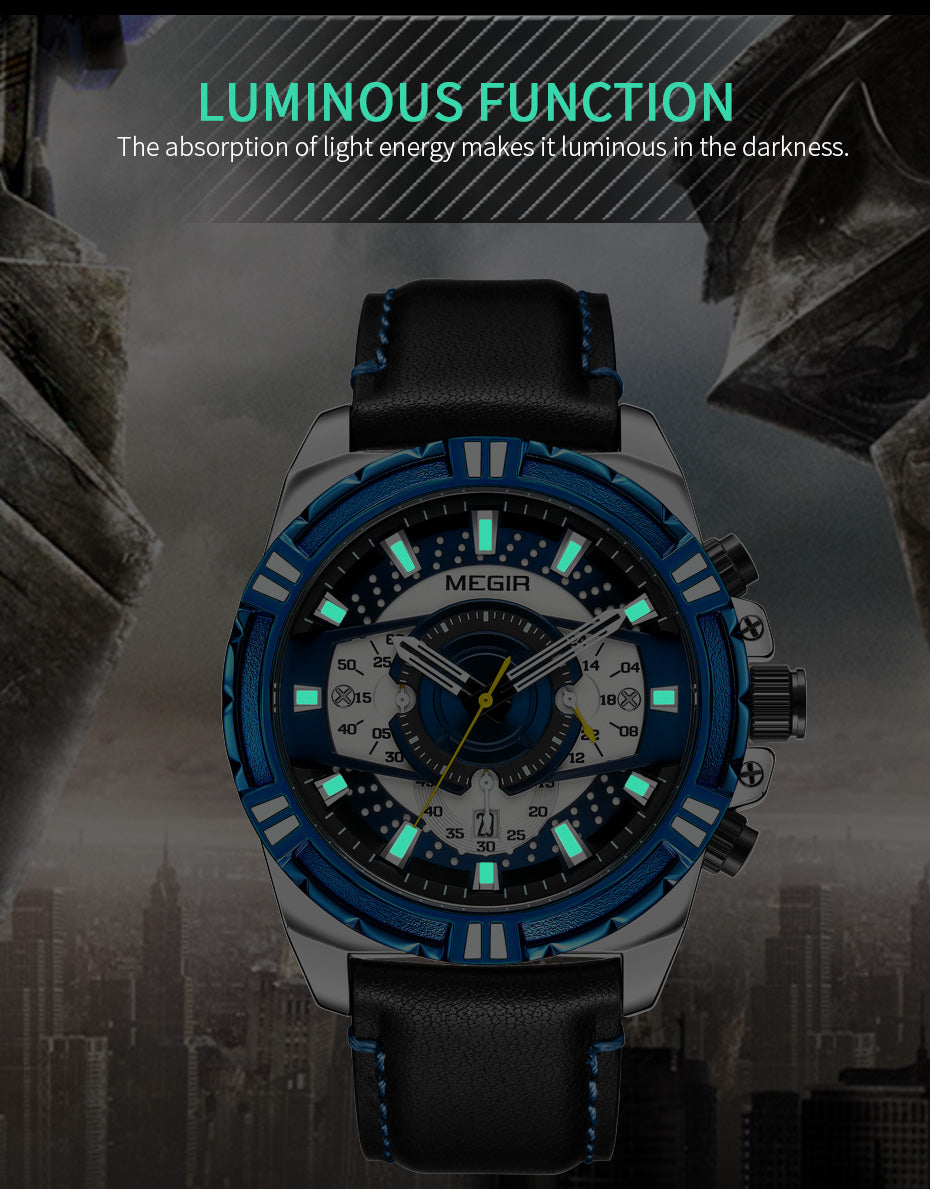 MEGIR Luxury Casual Watches for Men Fashion Leather Sports Military Wristwatch Calendar Luminous Quartz Man Clock Montre Homme